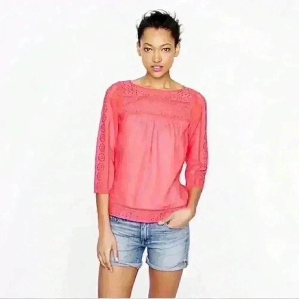 J.Crew Women’s Linen Salmon Coral Eyelet Top Size‎ XS Lightweight Casual